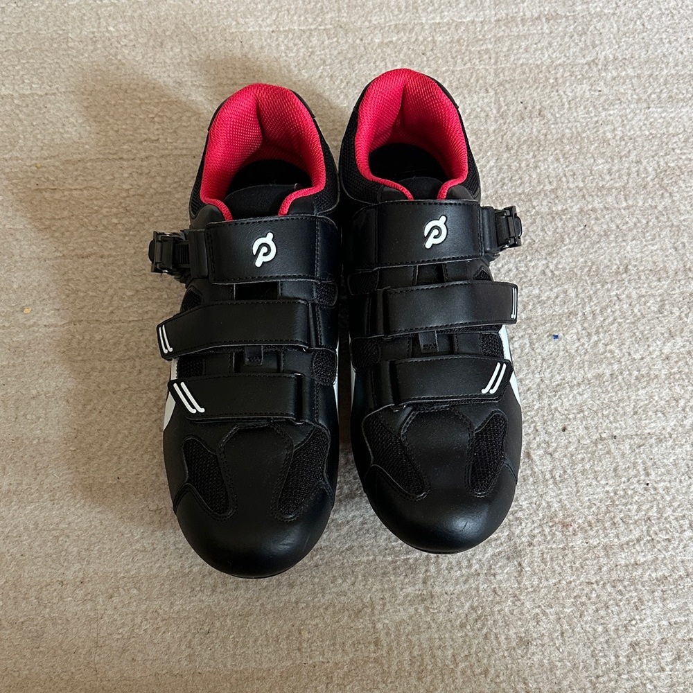 Peloton Black and White Cycling Shoes with Red Accents